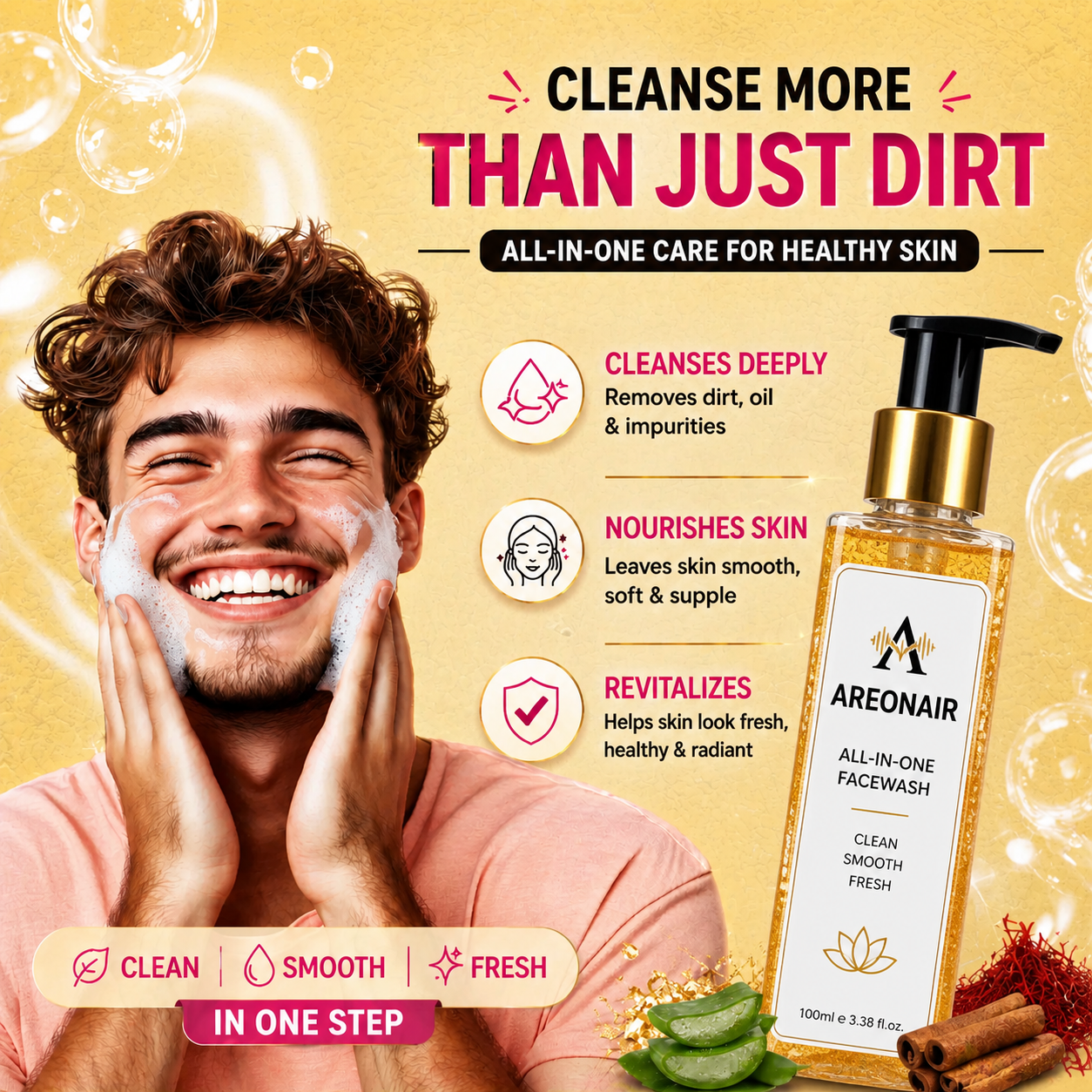 AreonAir 3-in-1 daily facewash with pump dispenser, featuring a clear bottle and label, suitable for cleansing and refreshing skin.