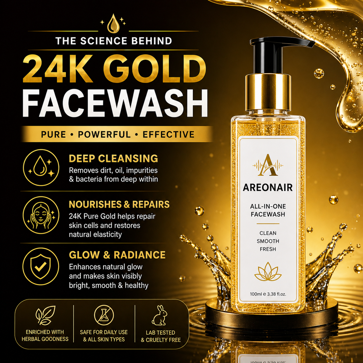 AreonAir 3-in-1 Daily Facewash in a pump bottle with a white and blue label, showing the product and packaging.