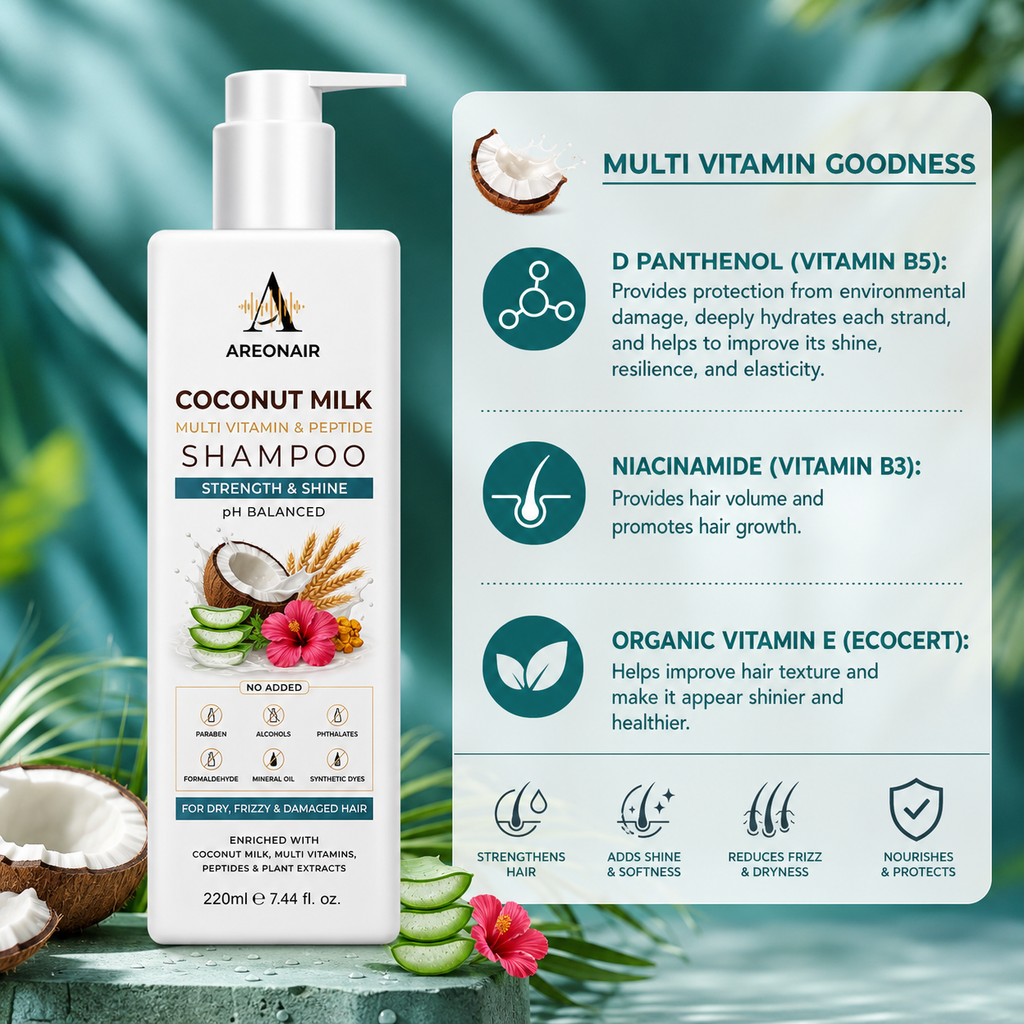 AreonAir All-in-One Repair Shampoo bottle showing smooth, strong, frizz-fighting formula for healthy hair care.