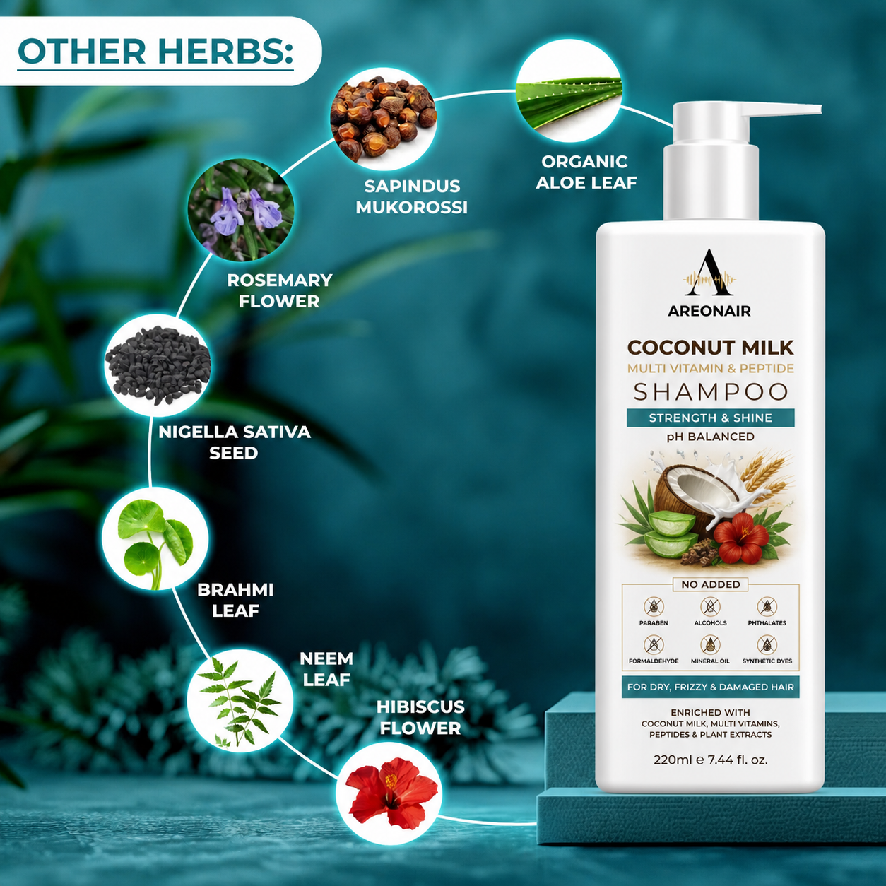 AreonAir All-in-One Repair Shampoo bottle with smooth, strong, frizz-free hair illustration on label