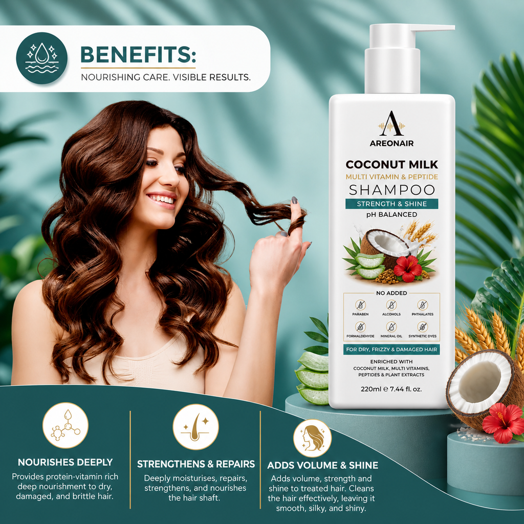 AreonAir All-in-One Repair Shampoo bottle with smooth, strong, no frizz formula, shown on a neutral background.