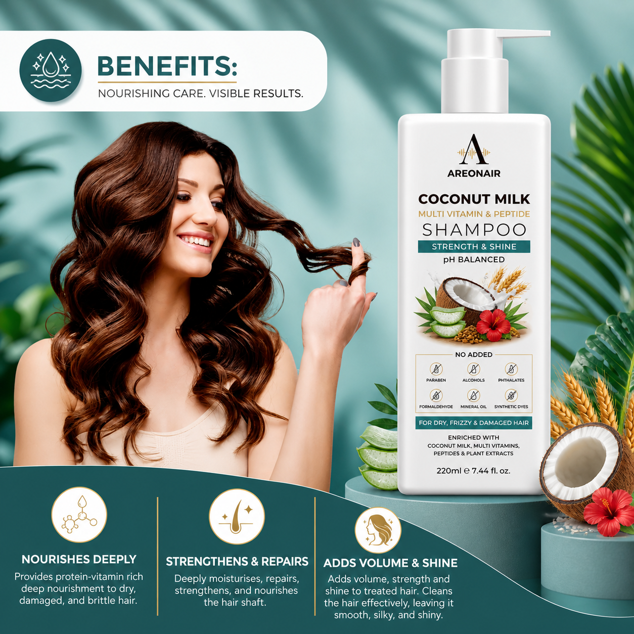 AreonAir All-in-One Repair Shampoo bottle with smooth, strong, no frizz formula, shown on a neutral background.