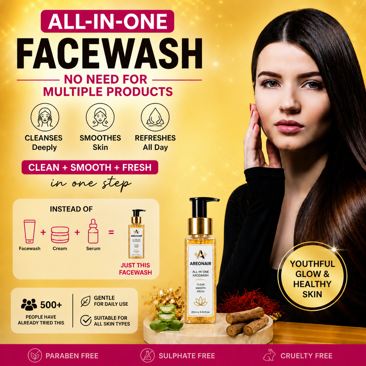 AreonAir 3-in-1 Daily Facewash bottle with label showing cleansing ingredients and branding for skincare use.